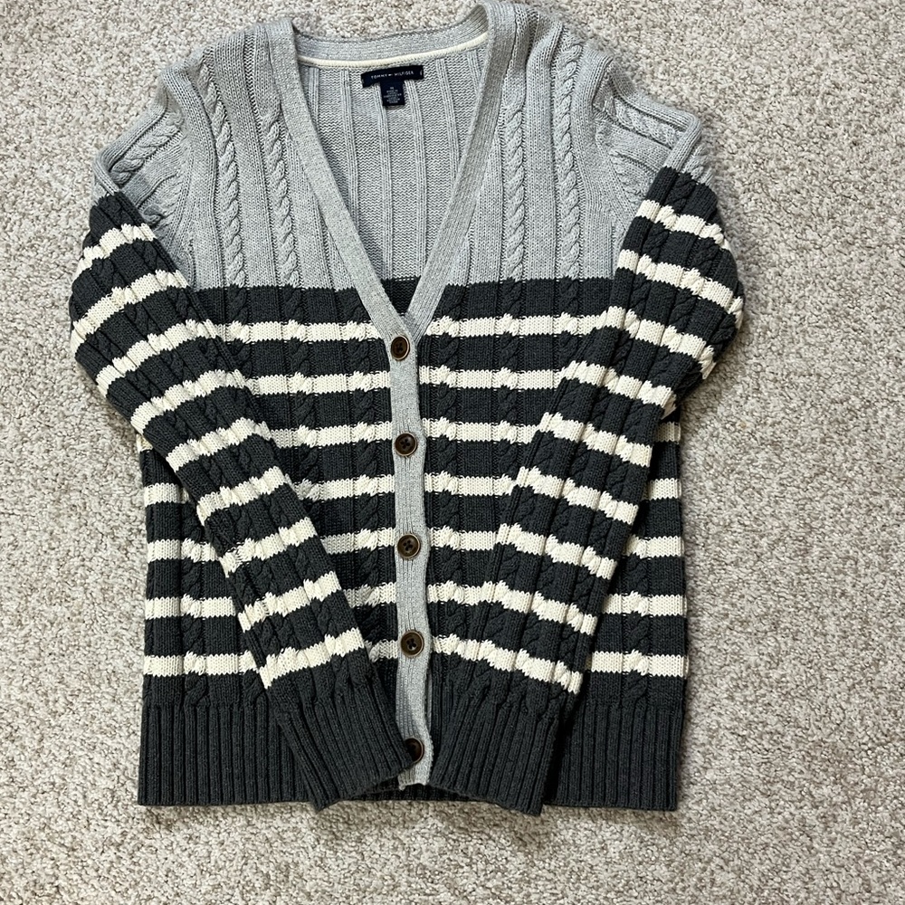 Tommy Hilfiger chunky cable knit v-neck button cardigan women medium stripe
